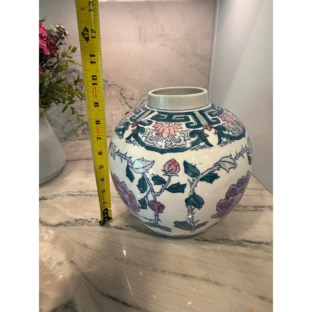 Vintage Chinoiserie Floral Ceramic Ginger Jar Vase Pink Teal Peony‎ 9 Inch